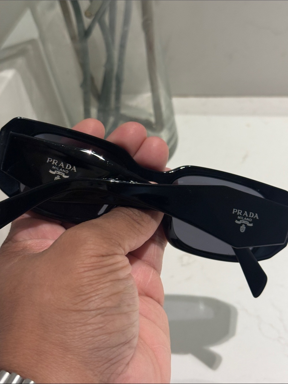 Prada Glossy Black Rectangular Sunglasses - Picture 13 of 14